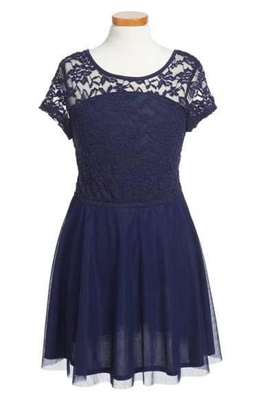 Ruby & Bloom Lace & Tulle Short Sleeve Dress (Little Girls & Big Girls) in Navy Dusk or Pink Darling