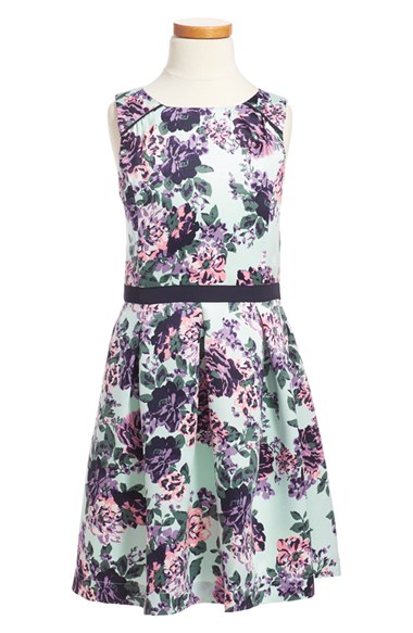 Ruby & Bloom Sleeveless Floral Print Satin Dress (Big Girls) in Blue Pastel Floral