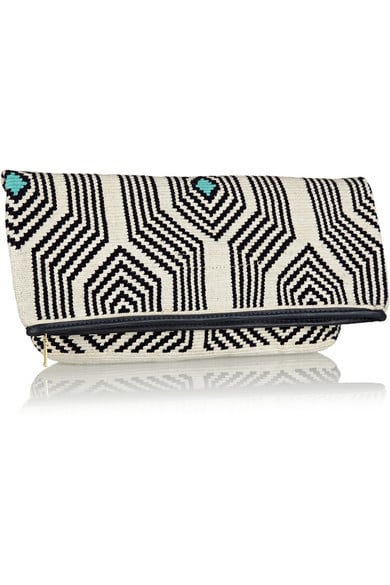 SOPHIE ANDERSON Camille leather-trimmed crocheted cotton clutch in White, Navy and Turquoise