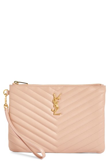 Saint Laurent 'Small Monogram' Quilted Leather Wristlet in Pale Blush