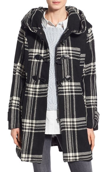 Steve Madden Check Plaid Toggle Duffle Coat in Black and White
