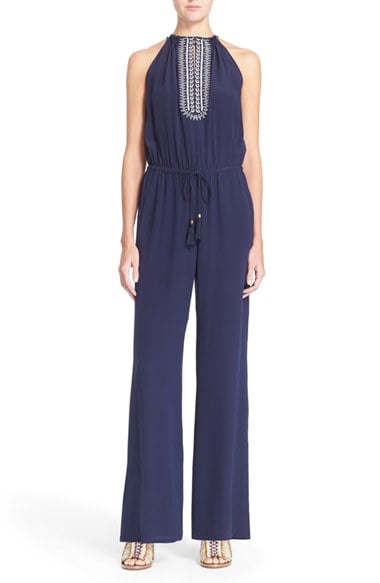 Tory Burch Embellished Silk Jumpsuit in Tory Navy