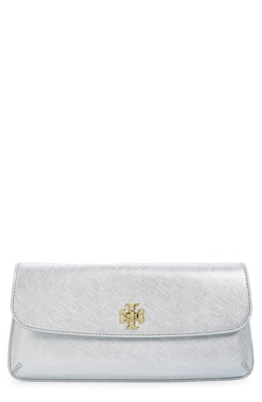 Tory Burch 'Slim Diana' Leather Flap Clutch in Silver