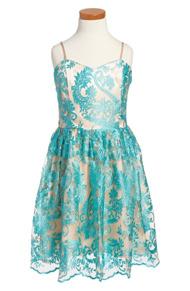 Un Deux Trois Embroidered Lace Overlay Tulle Dress (Big Girls) in Tan and Aqua