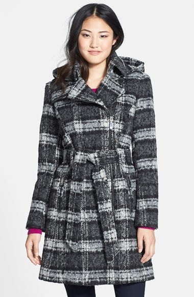 Vince Camuto Plaid Trench Coat with Removable Hood in Black and White Plaid
