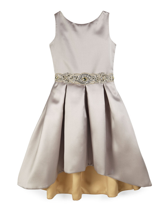 Zoe Sleeveless Pleated Sateen High-Low Dress in Silver, Size 7-14 holiday dresses for tweens