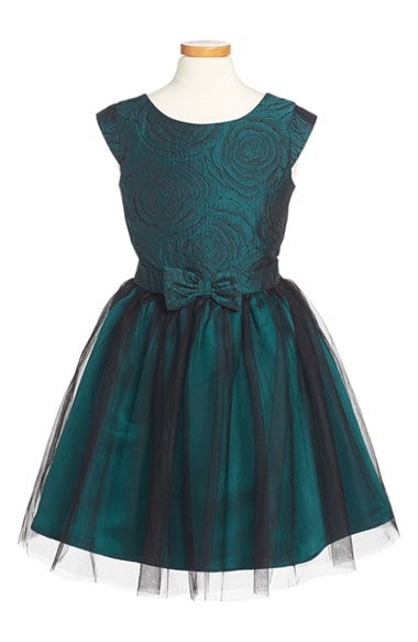 Zunie 'Paige' Metallic Brocade & Tulle Dress (Big Girls) in Emerald