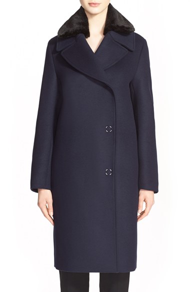 ACNE Studios 'Era' Long Wool Blend Coat with Detachable Faux Fur Collar in Dark Navy