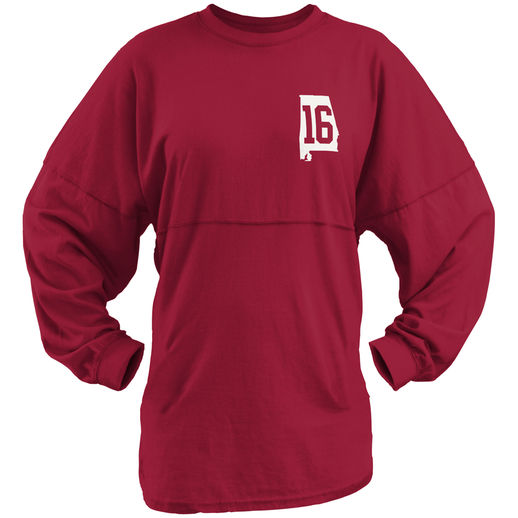 ALABAMA CRIMSON TIDE WOMEN'S CRIMSON COLLEGE FOOTBALL PLAYOFF 2015 NATIONAL CHAMPIONS SWEEPER LONG SLEEVE T-SHIRT