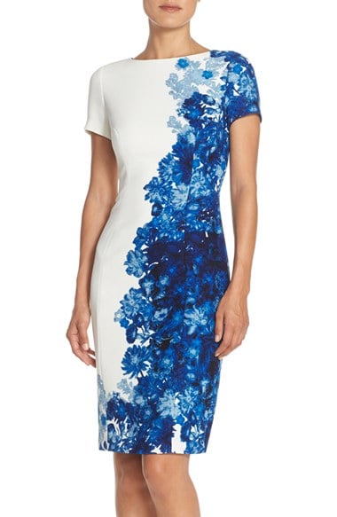 Adrianna Papell Floral Print Waffle Piqué Sheath Dress (Regualr & Petite) in Navy and Ivory