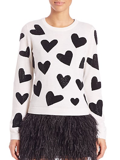 Alice and Olivia Carey Embellished Heart-Print Sweater in White Black