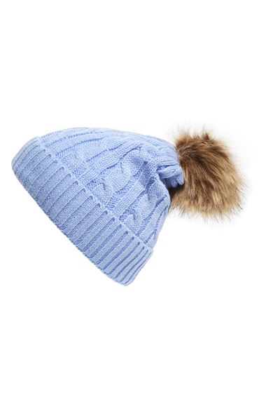 Amici Accessories Cable Faux Fur Pompom Beanie in Lite Blue
