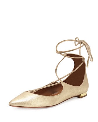Aquazzura Christy Lace-Up Pointed-Toe Flat in Light Gold Metal Suede
