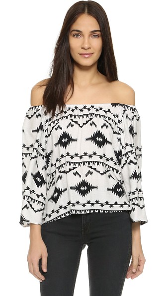 BB Dakota Marley Off The Shoulder Southwest Inspired Print Blouse in Oatmeal