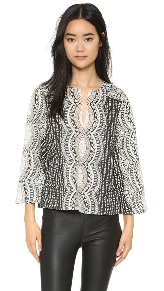BCBGMAXAZRIA Tribal Print Kyndal Blouse in Black/Bluestone Combo