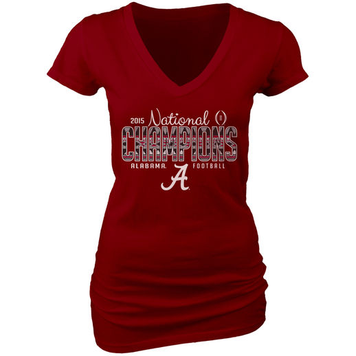 BLUE 84 ALABAMA CRIMSON TIDE WOMEN'S CRIMSON COLLEGE FOOTBALL PLAYOFF 2015 NATIONAL CHAMPIONS DYED V-NECK T-SHIRT