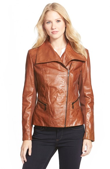 Bernardo Wing Collar Leather Moto Jacket (Regular & Petite) in Vintage Cognac