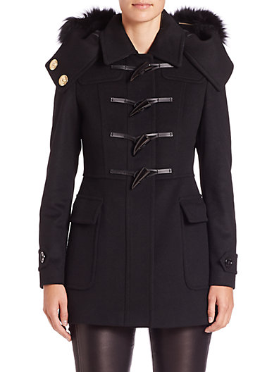 Burberry London Fur-Trim Duffle Coat in Black
