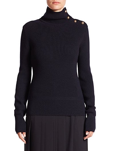 Chloé Button-Up Turtleneck Sweater Navy Blue Gold Military Buttons