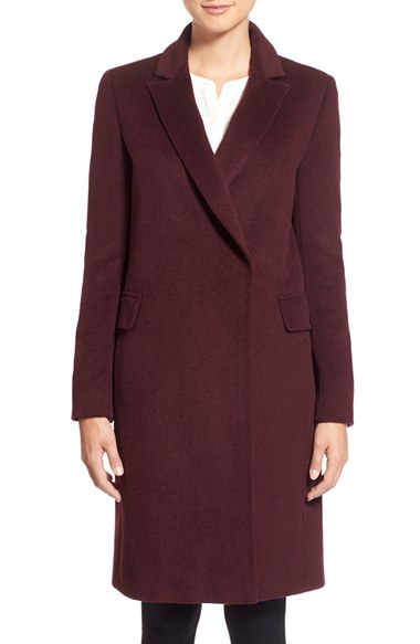 Elie Tahari Wool Blend Notch Collar Reefer Coat in Wine (or Black)