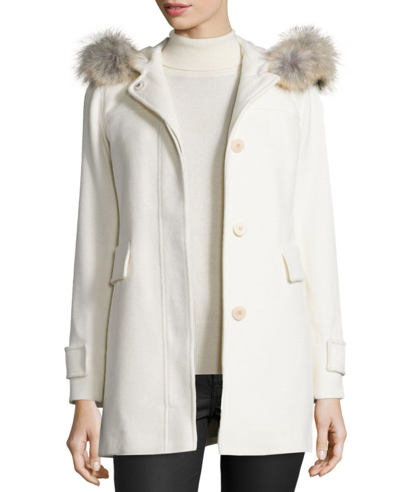 Fleurette Hooded Wool Duffle Coat with Fur Trim in Parchment