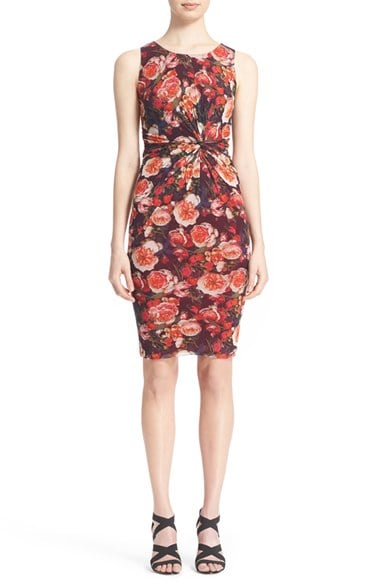 Fuzzi Rose Print Knotted Front Tulle Mesh Dress in Red