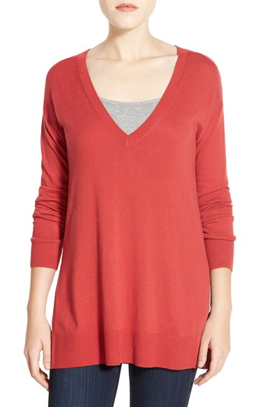 Halogen® Side Slit V-Neck Tunic Sweater (Regular & Petite) in Red Beauty, Purple Striking, Blue Mazarine