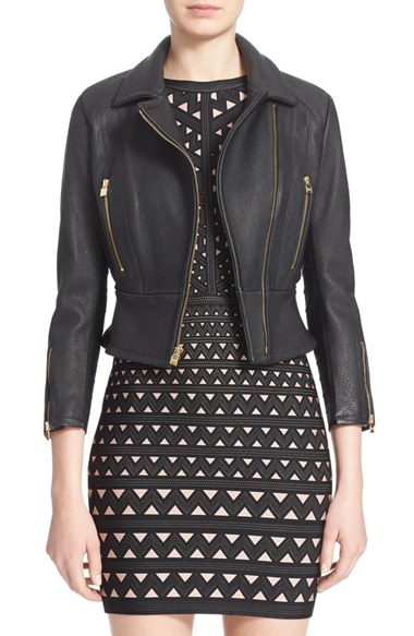 Herve Leger Leather Moto Jacket in Black