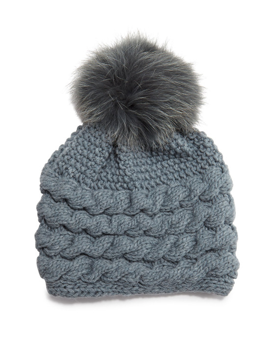 Inverni Cashmere Cable-Knit Beanie Hat w/Fur Pom Pom in Ice Blue