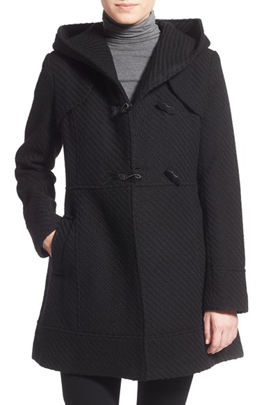 Jessica Simpson Hooded Basket Weave Duffle Coat in Black