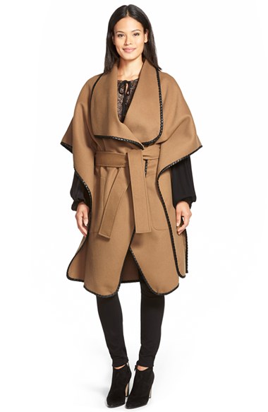 KOBI HALPERIN 'Ursela' Stitched Leather Trim Belted Cape in Camel