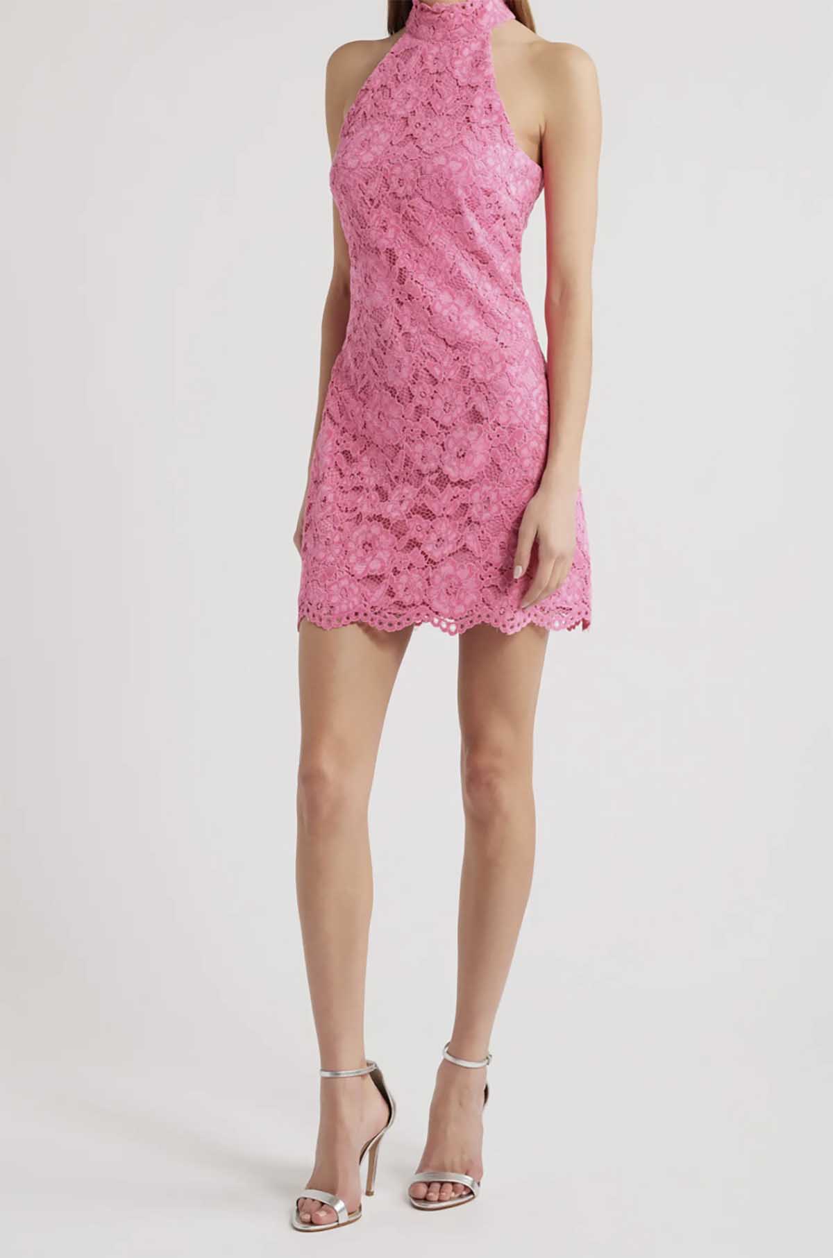Likely Issa Mock Neck Lace Cocktail Dress Pink Sugar best Valentines day lace dresses
