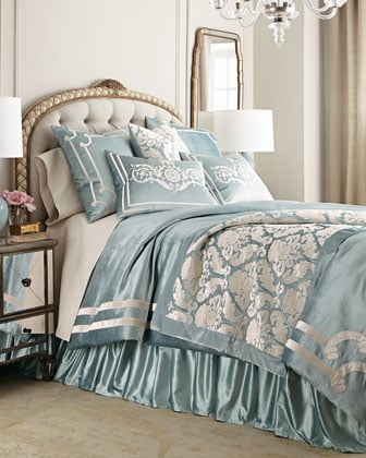 Lili Alessandra Versailles Bedding in Ice Blue Velvet with Ivory Applique Detail. Horchow