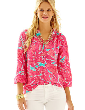 Lilly Pulitzer ELSA TOP - FLIRTY in Sea Blue Flirty Sea trendy long sleeve blouses