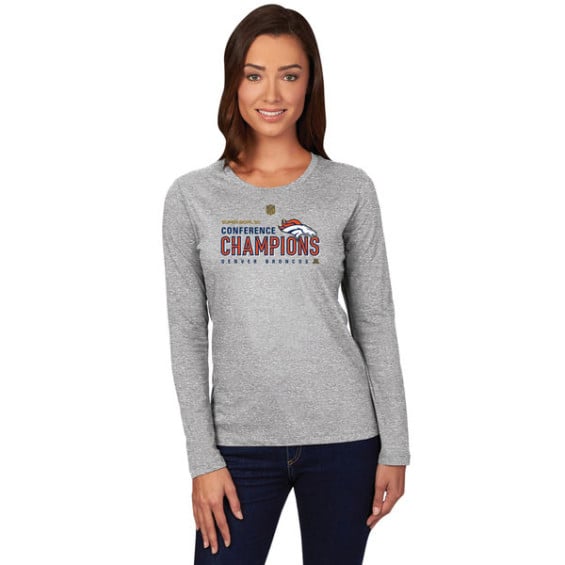 MAJESTIC DENVER BRONCOS WOMEN'S STEEL 2015 AFC CONFERENCE CHAMPIONS TROPHY COLLECTION LOCKER ROOM LONG SLEEVE T-SHIRT