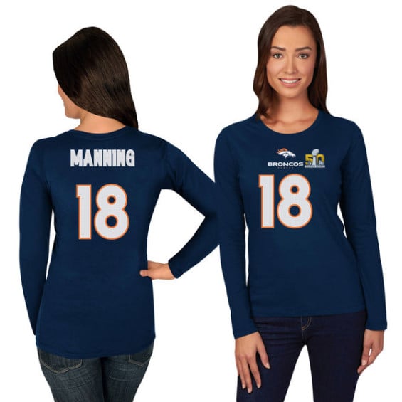 MAJESTIC PEYTON MANNING DENVER BRONCOS WOMEN'S NAVY SUPER BOWL 50 BOUND FAIR CATCH NAME & NUMBER LONG SLEEVE T-SHIRT