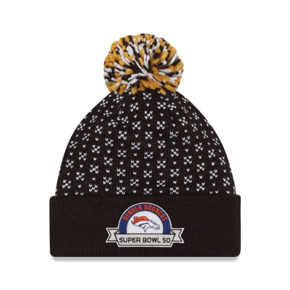 NEW ERA DENVER BRONCOS WOMEN'S BLACK SUPER BOWL 50 BOUND CUFFED KNIT HAT WITH POM