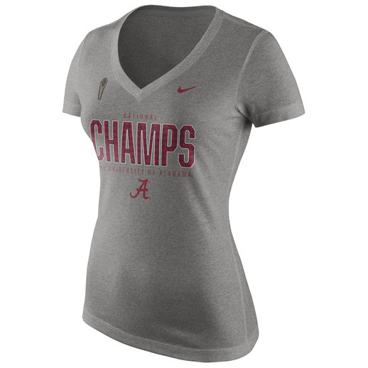NIKE ALABAMA CRIMSON TIDE WOMEN'S CRIMSON COLLEGE FOOTBALL PLAYOFF 2015 NATIONAL CHAMPIONS V-NECK T-SHIRT