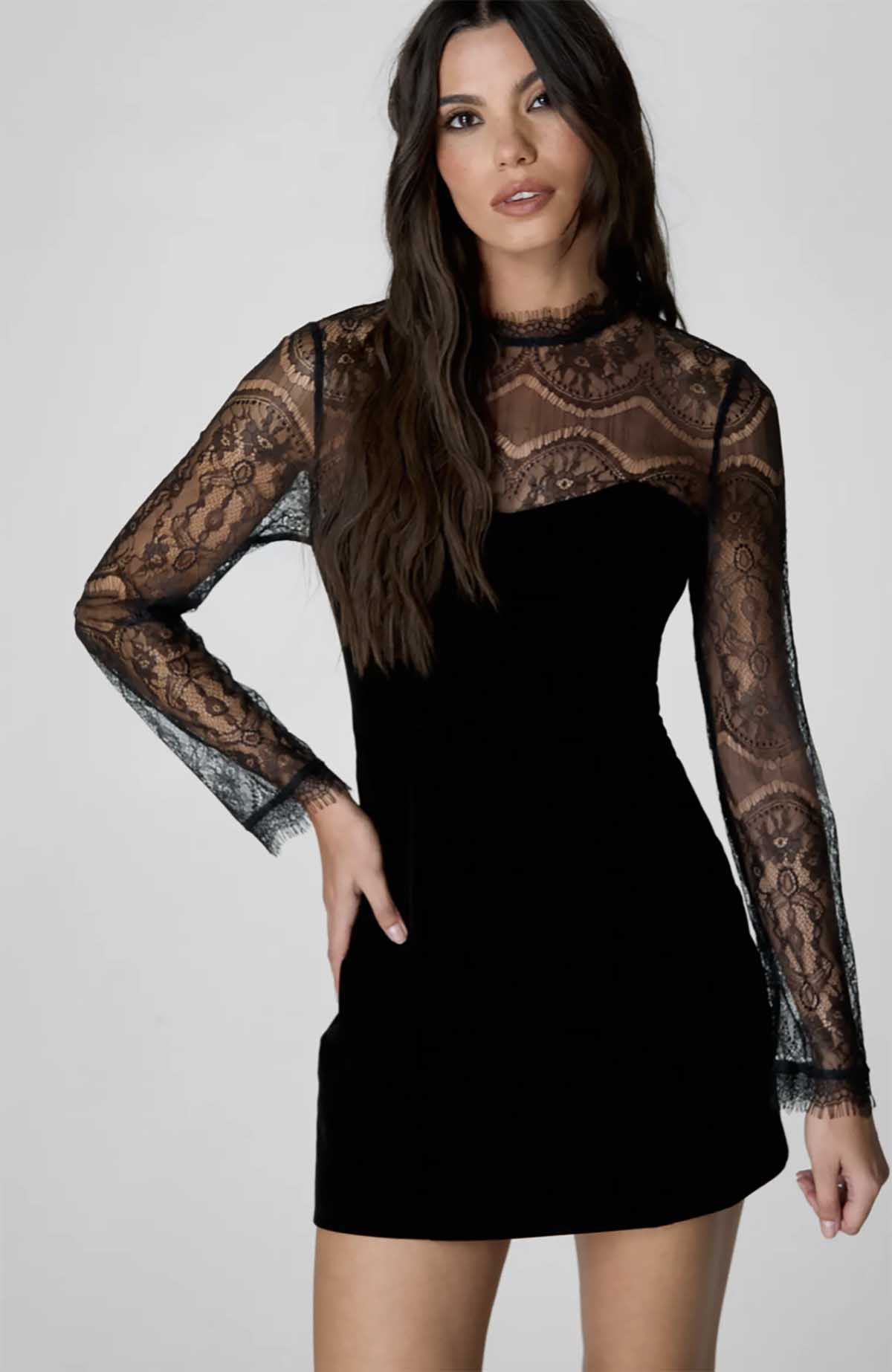 Nasty Gal Long Sleeve Velvet & Lace Minidress Black best lace dresses women valentines day dresses