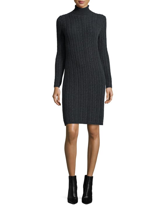 Neiman Marcus Cashmere Collection Cashmere Cable-Knit Turtleneck Sweater Dress in Charcoal
