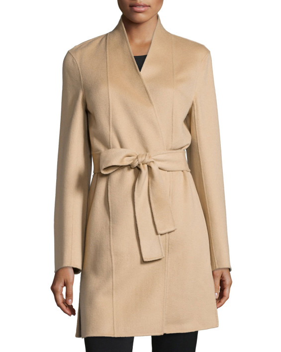 Neiman Marcus Cashmere Collection Double-Face Woven Cashmere Coat in Camel