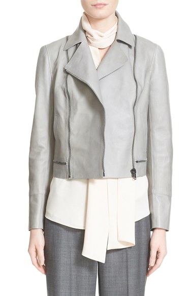Nordstrom Signature and Caroline Issa Zip Detail Leather Moto Jacket in Grey Dove