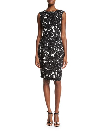 Oscar de la Renta Floral-Print Sleeveless Sheath Dress in Ivory, Black