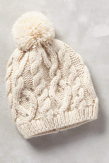 Pearled Cables Beanie in White cable knit beanies 