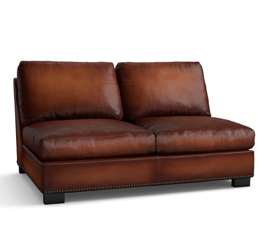 Pottery Barn TURNER LEATHER ARMLESS LOVESEAT WITH NAILHEADS in Saddle Leather or Cracked Walnut Leather