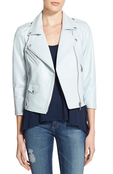Rebecca Minkoff 'Wes' Crop Leather Moto Jacket in Sky Blue