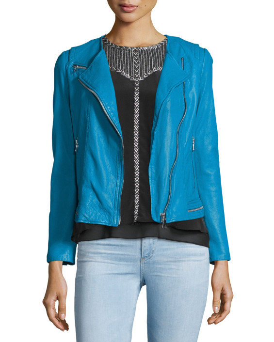 Rebecca Taylor Lamb Leather Zip-Trim Moto Jacket in Lagoon