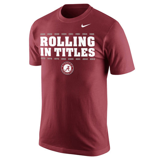 Rolling In Titles NIKE ALABAMA CRIMSON TIDE CRIMSON COLLEGE FOOTBALL PLAYOFF 2015 NATIONAL CHAMPIONS TITLES CELEBRATION MOMENTS T-SHIRT