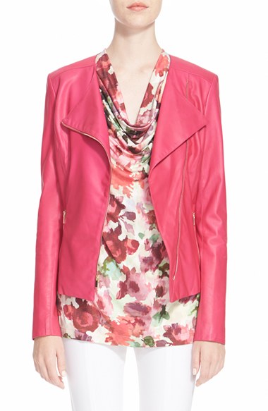 St. John Collection Luxe Nappa Leather Moto Jacket in Cerise