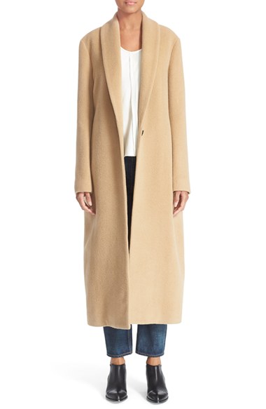 T by Alexander Wang Shawl Collar Virgin Wool & Mohair Blend Coat in Camel